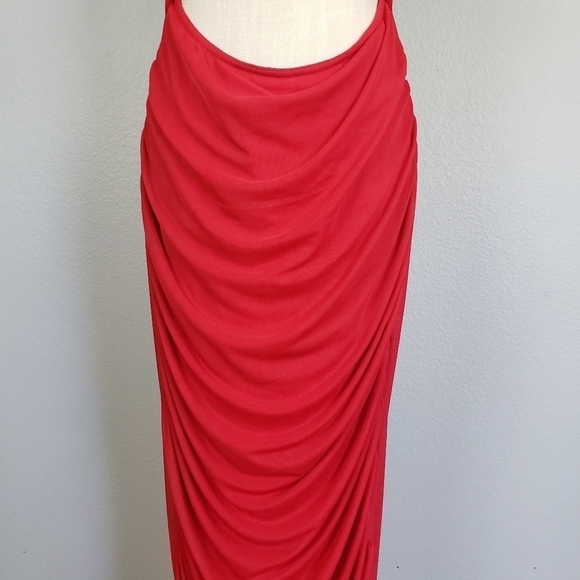 PRETTY LITTLE THING Cut Out Ruched Mesh Maxi Dress Red Sz 14 - Picture 3 of 9